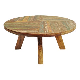 Vintage Salvaged Round Boat Wood Rustic Coffee Table For Sale