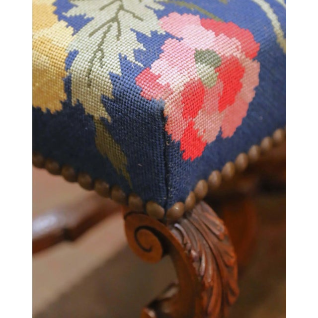 Blue 19th Century French Louis XIII Walnut Stool With Floral Needlepoint Upholstery For Sale - Image 8 of 12