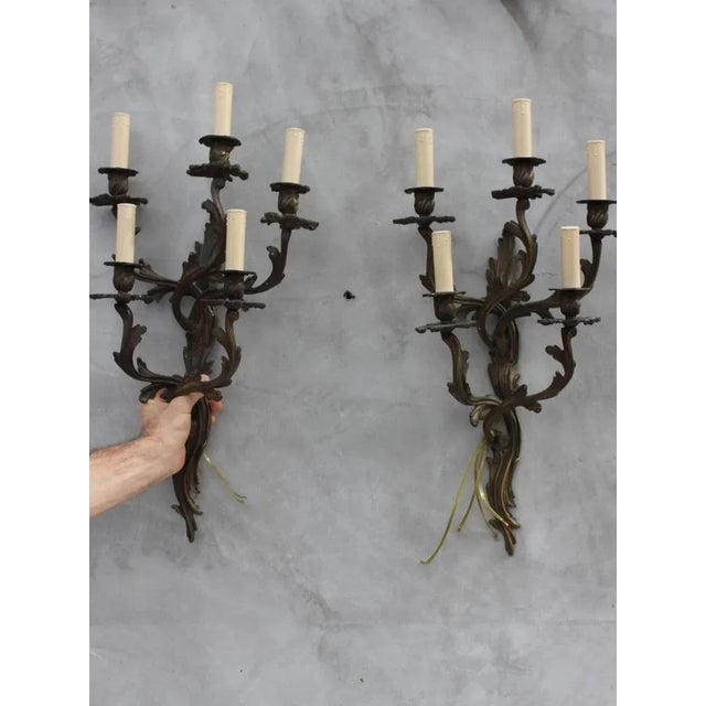 Black Large Louis XV Style Bronze Sconces with 5 Bulb Lights, Set of 2 For Sale - Image 8 of 11
