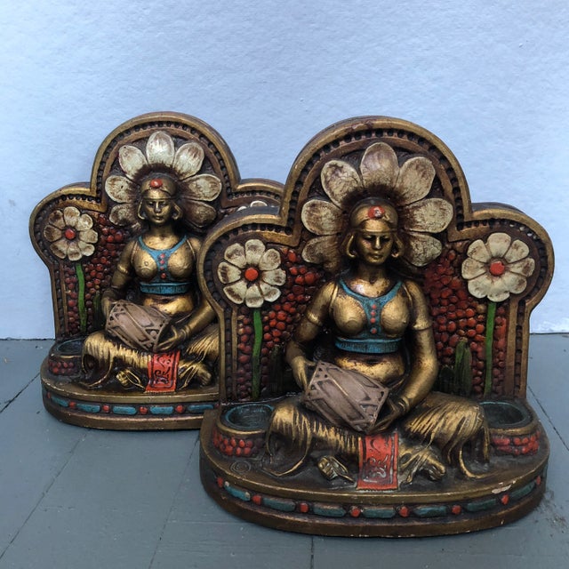 Original Vintage Art Deco Orientalist Romantic Female Figure Painted Plaster Bookends 1930’s For Sale In Philadelphia - Image 6 of 6