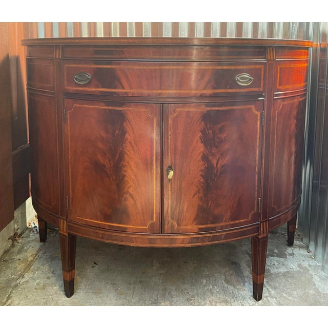 Late 20th Century Late 20th Century Showstopping Flame Mahogany Demilune Cabinet – Bookmatched Veneer, Federal Revival For Sale - Image 5 of 10