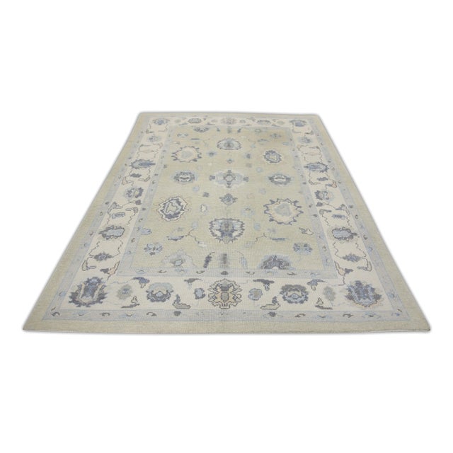 Tan & Blue Floral Design Handwoven Wool Turkish Oushak Rug 6'3" X 8'7" For Sale In Houston - Image 6 of 7