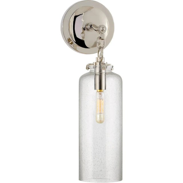 Transitional Thomas O'Brien for Visual Comfort Signature Katie Small Cylinder Sconce in Polished Nickel with Seeded Glass For Sale - Image 3 of 4