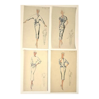 Rare! C1950's Set of 4 Mid-Century French Original Fashion Drawings For Sale