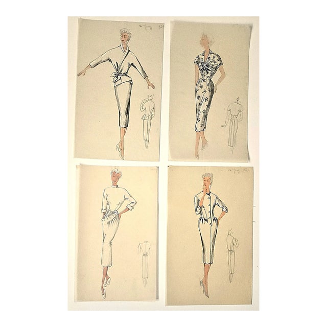 Rare! C1950's Set of 4 Mid-Century French Original Fashion Drawings For Sale