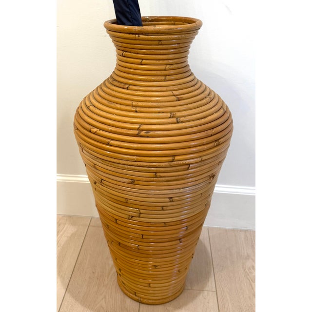 Boho Chic Vintage Large Rattan Umbrella Stand For Sale - Image 3 of 9