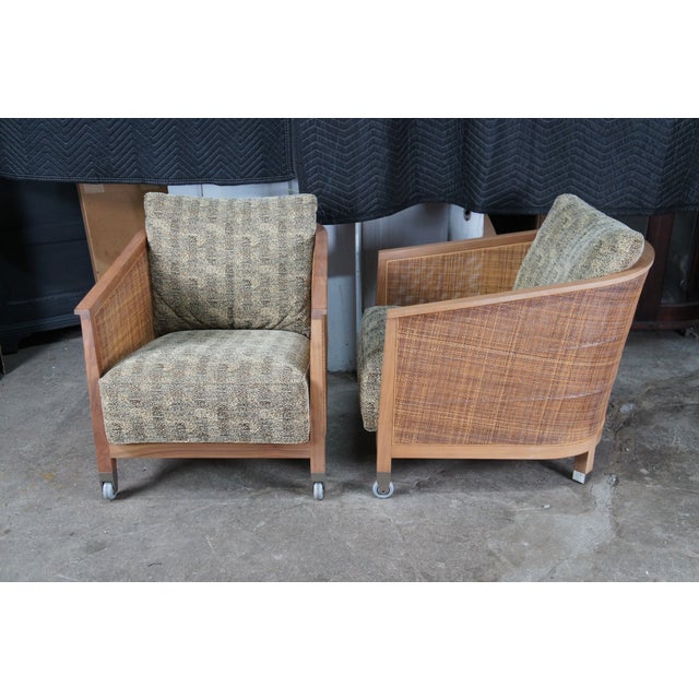 4 1980s Mid Century Modern Attributed to Antonio Citterio Flexform Mozart Walnut Rattan Arm Chairs For Sale - Image 6 of 16