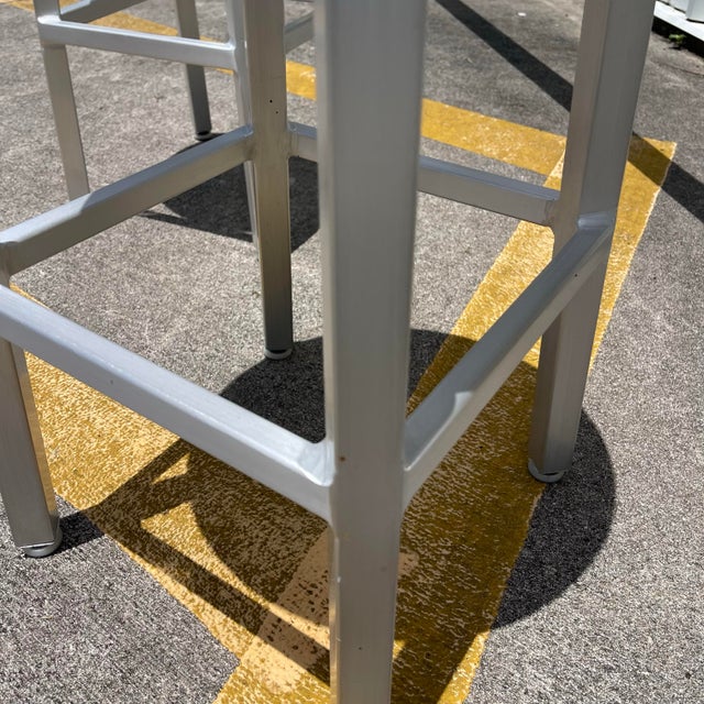 Late 20th Century Industrial Style Brushed Aluminum Swivel Bar Stools by Crate & Barrel. A Pair For Sale - Image 5 of 12