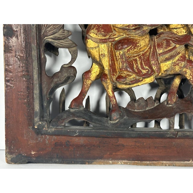 19th Century Antique Gilt Lacquered Chinese Panel: Horse & Warriors, Qing Dynasty For Sale - Image 5 of 10