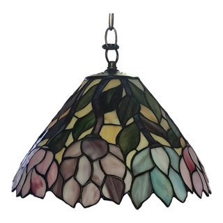 Late 20th Century Quoizel Collectibles Leaded Stained Glass Hanging Pendant Chandelier 2/2 For Sale