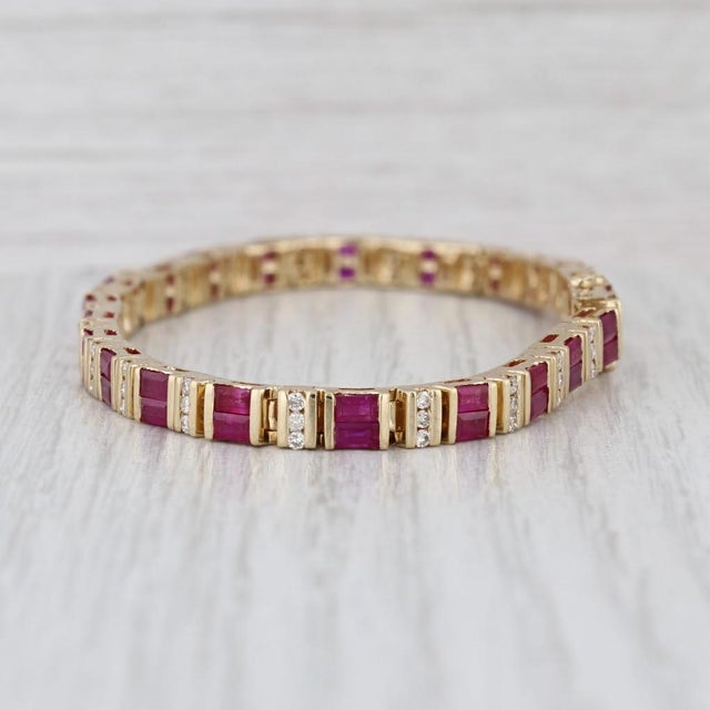 Mid-Century Modern Mid 20th Century 5.98ctw Ruby Diamond Tennis Bracelet 14k Yellow Gold 6.75" 4.2mm For Sale - Image 3 of 7