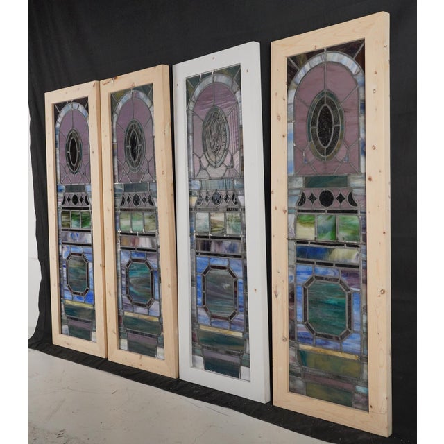 Set of Gothic Wood Framed Leaded Stained Glass Windows For Sale - Image 9 of 10