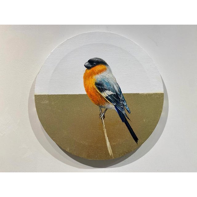 Anastasia Gklava, Eurasian Bullfinch, Orange & Black Bird Composition, Painting with Gold Leaf on Round Canvas, 2025 For Sale - Image 7 of 18