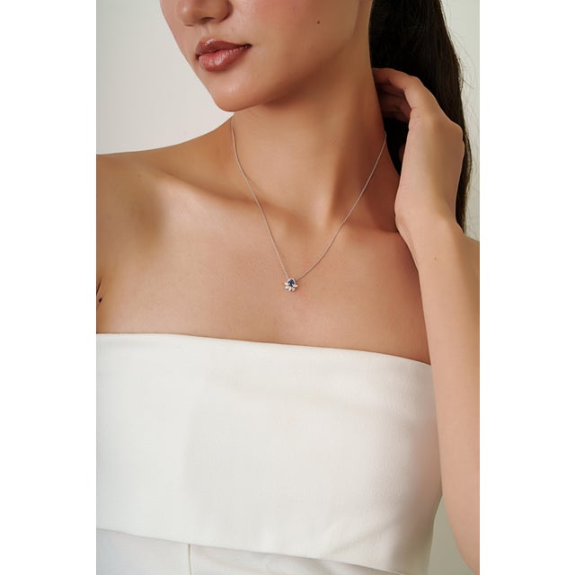 Vintage-Inspired Blue Sapphire & Diamond Floral Pendant Necklace 14k White Gold For Sale In New York - Image 6 of 14