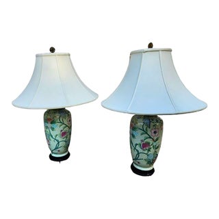 Pair of Vintage Chinoiserie Porcelain Floral Lamps With Silk Shades & Brass Coin Finials For Sale