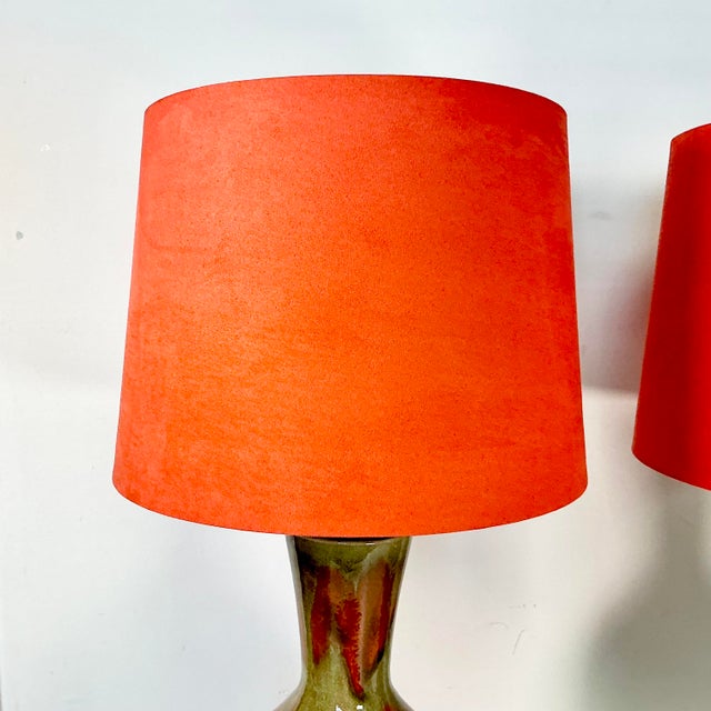Ceramic 1960s Vintage Boho Chic Glazed Drip Ceramic Table Lamps - A Pair, New Shades. For Sale - Image 7 of 15
