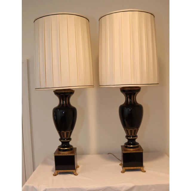 Vintage Mid 20th Century Black and Gold Ceramic Table Lamps With Shades - a Pair For Sale - Image 12 of 12