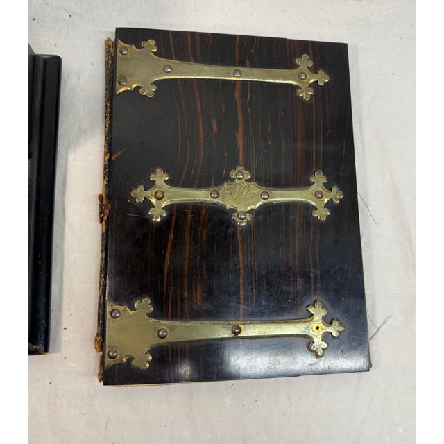 This antique 19th century brass and wood English desk set is a unique lot perfect for collectors of antique writing wares....