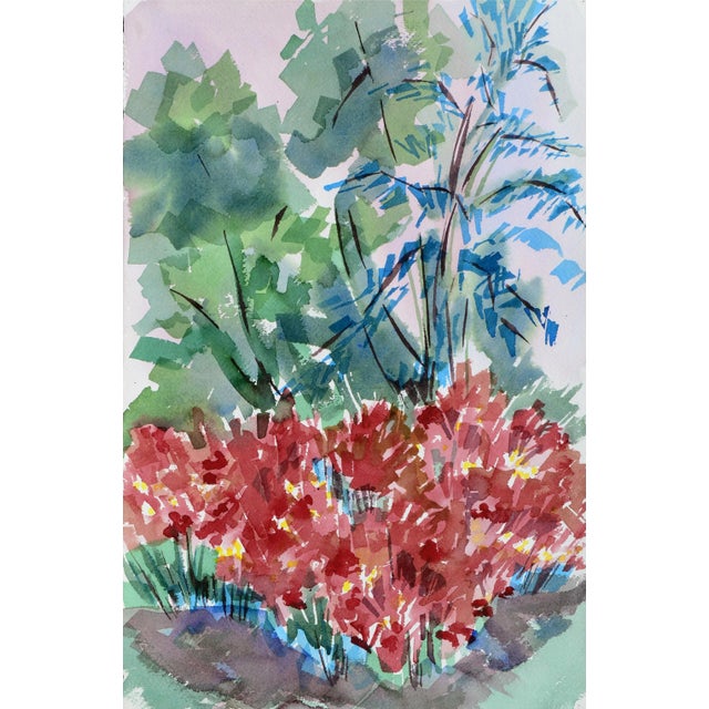 1970s Red Dahlia Garden Landscape by Doris Warner For Sale - Image 5 of 5