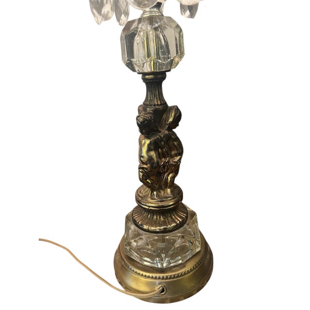 1950s Pair of Vintage 1950s Hollywood Regency Italian Rococo Revival Cherub Lamps – Brass & Crystal For Sale - Image 5 of 11