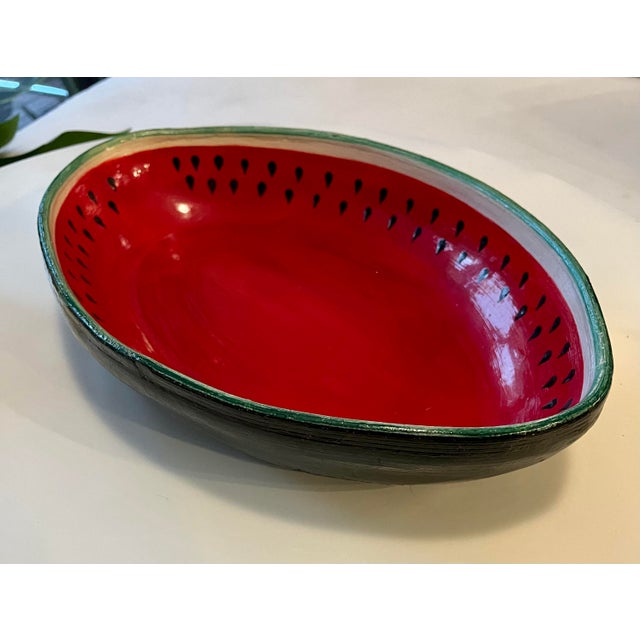 This vintage Folk Art rustic handcrafted serving bowl painted to look like half of a ripe watermelon is the perfect...