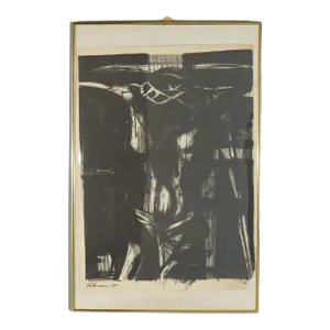Mid Century Modern Abstract Litho of The Crucifixion, Pencil Signed Lebrun, 1958, Framed