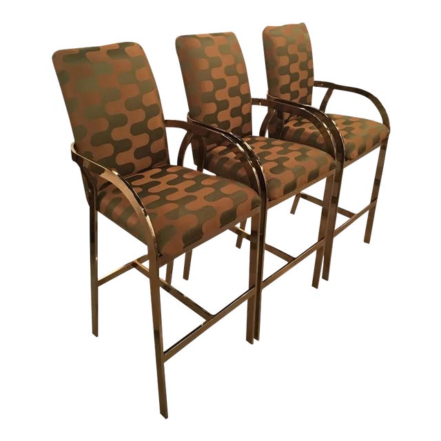 Vintage Hollywood Regency DIA Upholstered Brass Gold Arm Bar Stools - Set of 3 For Sale - Image 12 of 12