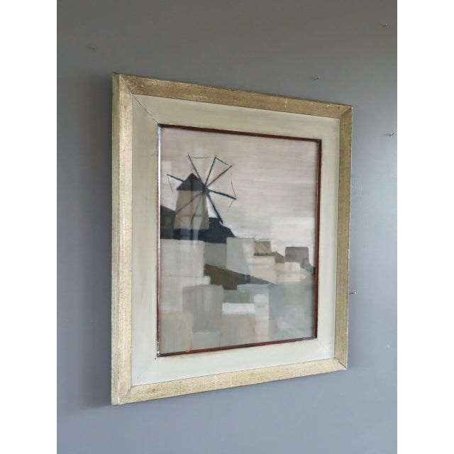 Mid-Century Modern Mid-Century Modern 'Windmill on the Hill' Vintage Minimalist Original Landscape Oil Painting, Framed For Sale - Image 3 of 8