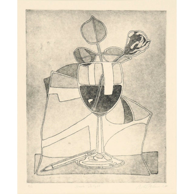 Art Nouveau "Simple Delight" - Wine Glass & Rose Still Life Etching in Ink on Paper (#6/15) by Curtis G. Leonardo For Sale - Image 3 of 8