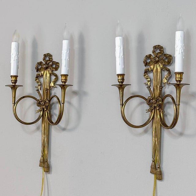 French Pair Antique French Louis XVI Neoclassical Cast Brass Wall Sconces For Sale - Image 3 of 12