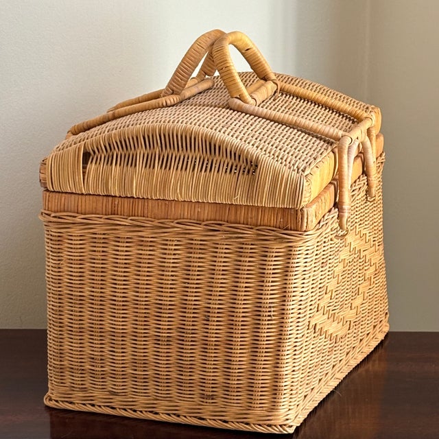 Mid 20th Century Vintage Natural Woven Wicker Carrying Case Basket For Sale - Image 4 of 12