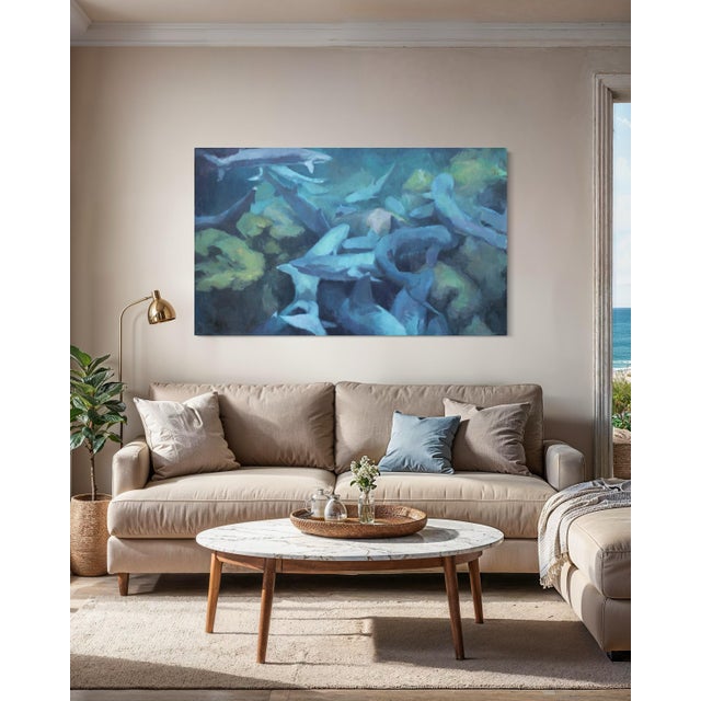 "night hunters" is an original oil painting on canvas measuring 36 x 60 inches. The underwater scene is depicted in deep...