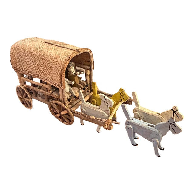 Vintage 1940s Adirondack Western Twig and Bark Handmade Covered Wagon Folk Art With Four Handcarved Wooden Horses and Two Drivers Figures For Sale