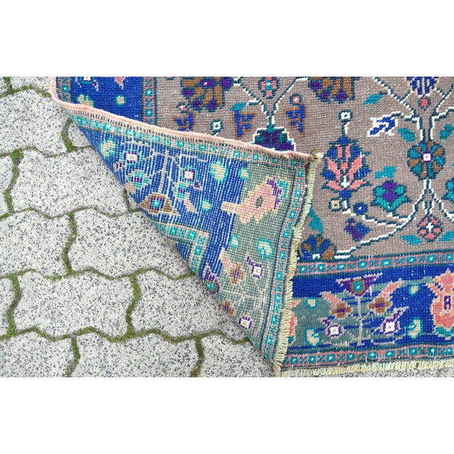 1960s Floral Design Modern Blue and Gray Vintage Aztec Rug For Sale - Image 10 of 11