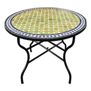 40" Handcrafted Olive Green, Blue, Black and White Moroccan Mosaic Table For Sale