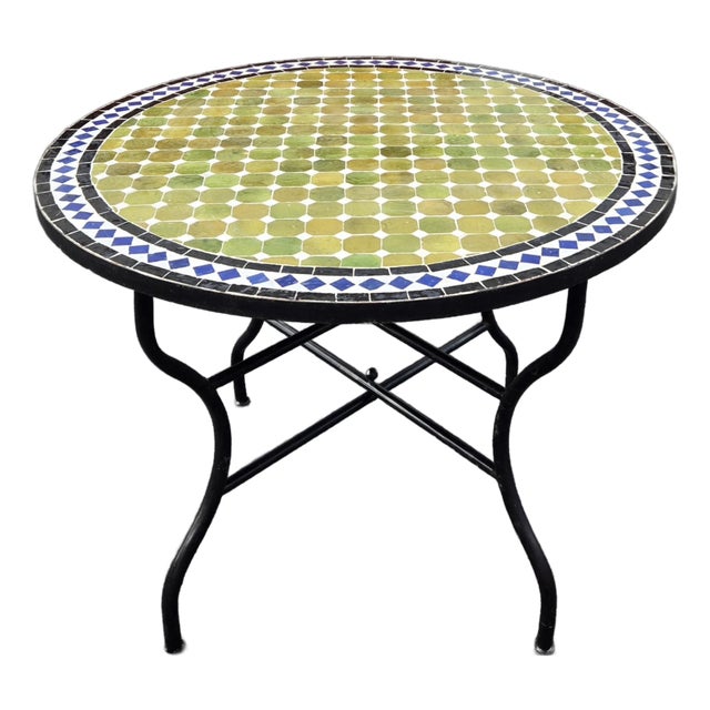 40" Handcrafted Olive Green, Blue, Black and White Moroccan Mosaic Table For Sale