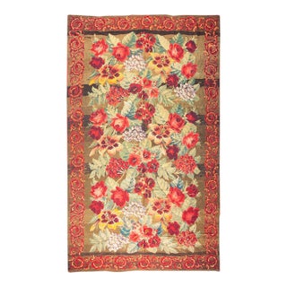 1900s Large Scale Olive Antique French Floral European Folk Besserabian Wool Rug For Sale