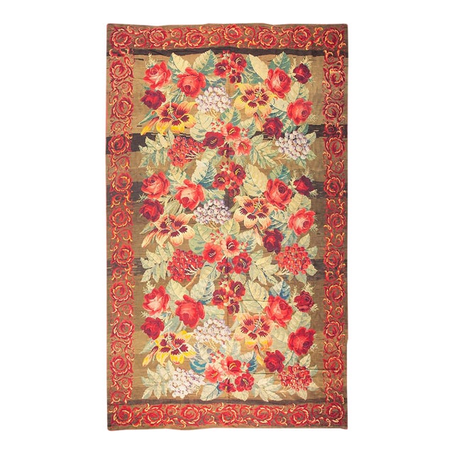 1900s Large Scale Olive Antique French Floral European Folk Besserabian Wool Rug For Sale