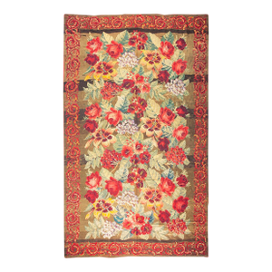 1900s Large Scale Olive Antique French Floral European Folk Besserabian Wool Rug