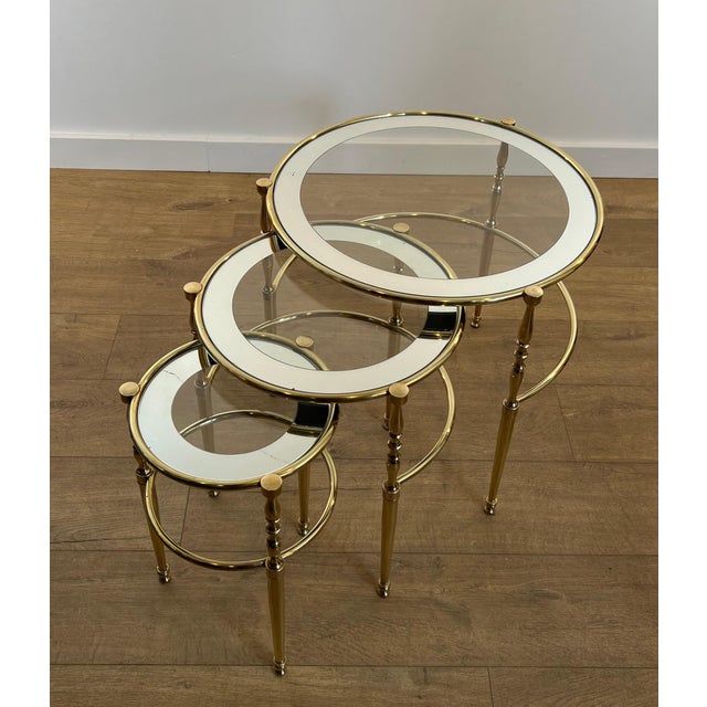 Set of 3 Round Brass Nesting Tables With Glass Top Surrounded by Silver Edges For Sale - Image 4 of 12