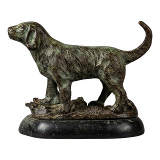 Art Deco Bronze Dog Sculpture on Black Marble Base, 1950s For Sale