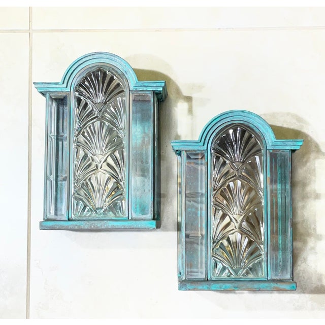 Stunning Pair of Vintage Art Deco Brass Verdigris Wall Sconces / Lanterns For Sale - Image 13 of 14