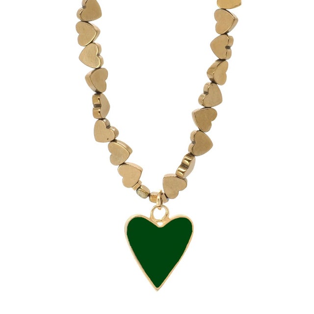 Green Green Heart Pendant Gold Hematite Stone Heart Shape Chain Necklace For Sale - Image 8 of 8