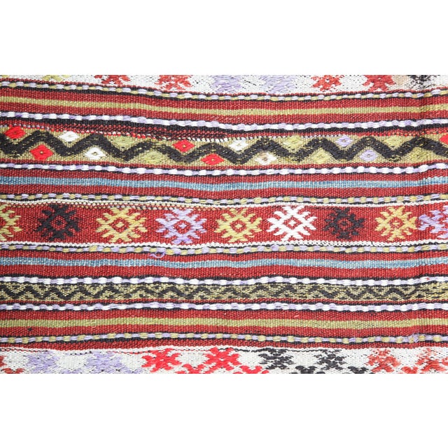 Mid 20th Century Vintage Tribal Flatweave Kilim With Striped Bands and Anatolian Motifs – Handwoven Wool Kilim -4' 3'' X 6' 1'' For Sale - Image 5 of 7