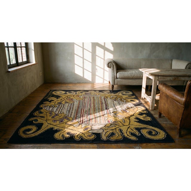 Ecru 1920s Ivory Brown Floral Folk Art Antique American Hooked Rug 3'8" X 4'0" Handknotted Wool Carpet For Sale - Image 8 of 8