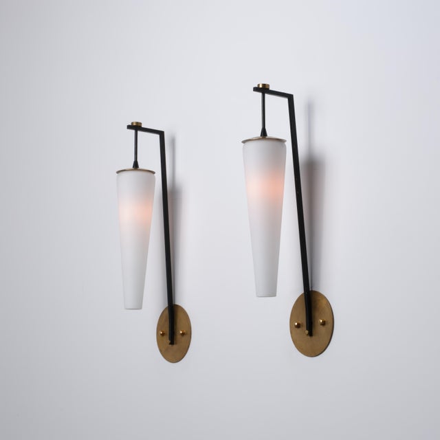 Large Italian Brass, Black Metal and Opaline Glass Sconces, 1950s, Set of 2 For Sale - Image 6 of 10