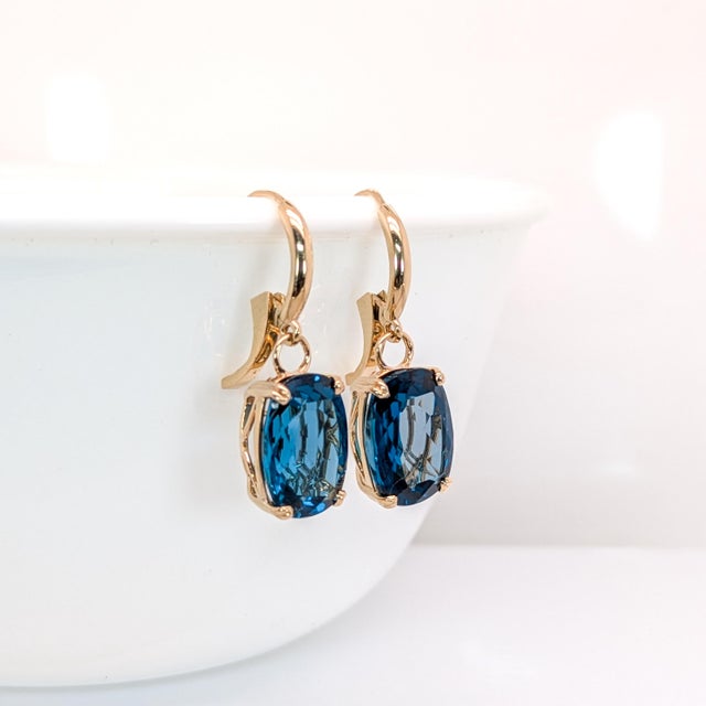 Contemporary 16ct Solitaire London Blue Topaz Earrings in Solid 14K Yellow Gold | OV 14x10mm For Sale - Image 3 of 4