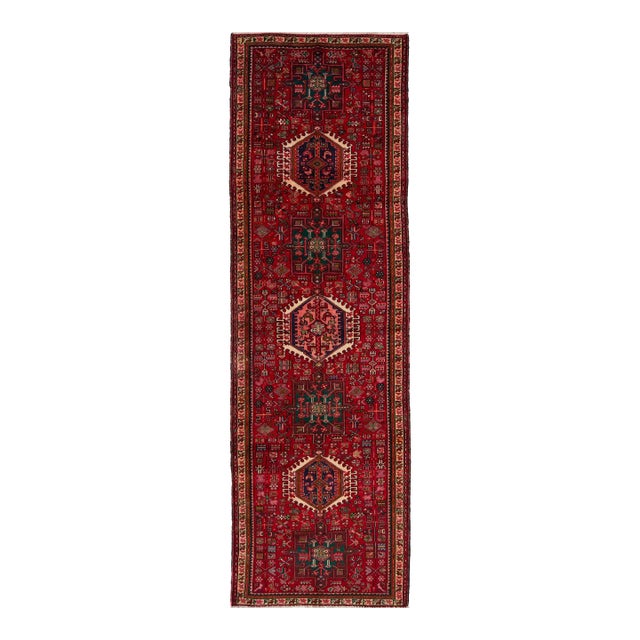 Red Vintage Heriz Persian Wool Runner in Red With Allover Design For Sale