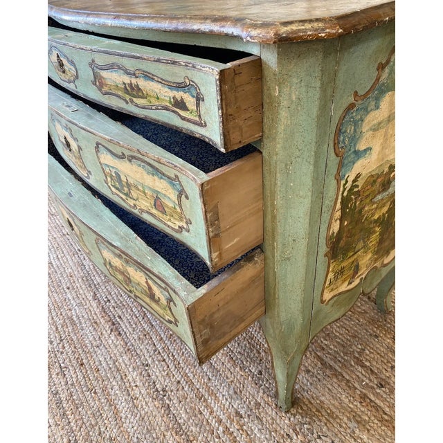 Stunning 18th C Italian painted three drawer commode, all original, with artist painted scenes on all sides, and a faux...