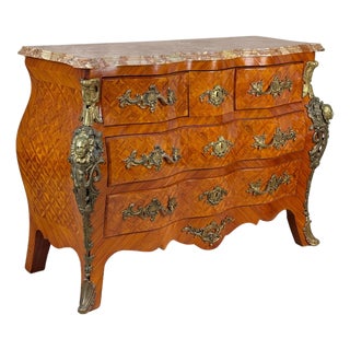 Vintage French Louis XV Marble Top Bombe Commode Dresser Chest of Drawers For Sale
